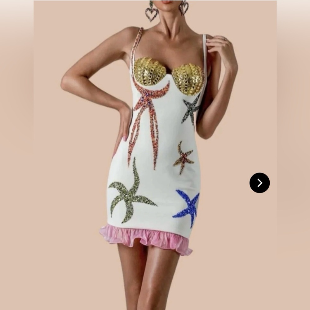 White Silk Mini Dress with Colorful Sequin Starfish